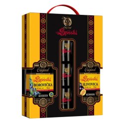 Spišská Borovička 40%  + Slivovica 52% v darčekovom balení s pohármi KOSHER 0,7L+ 0,7L